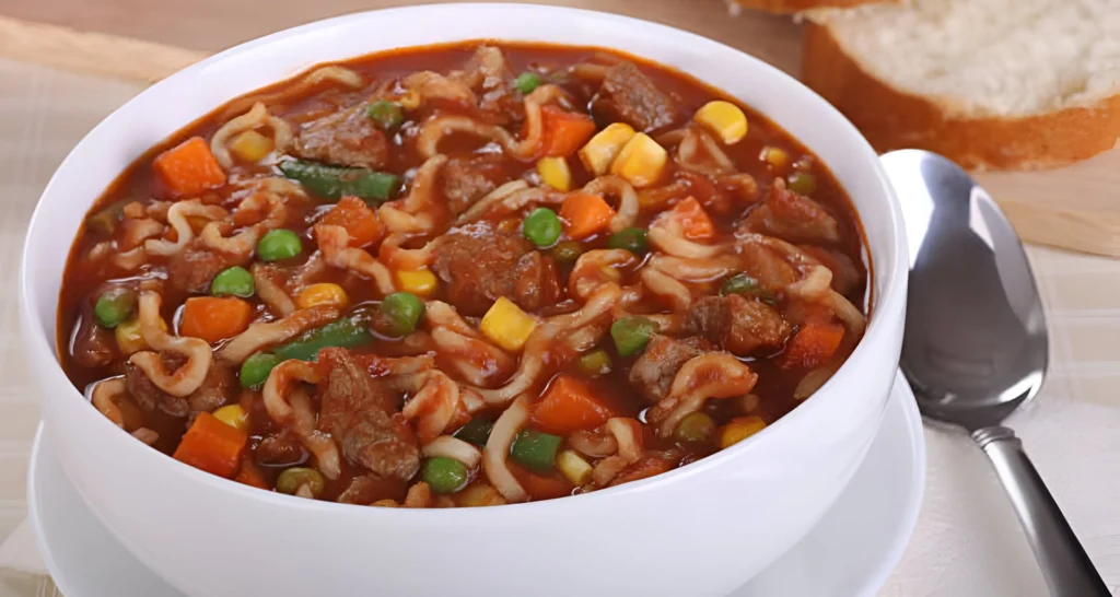 A hearty, steaming bowl of "busy day soup" takes center stage, filled with chunky potatoes, carrots, and tender bits of chicken. The soup's surface reflects the warm, ambient lighting, casting a golden glow. In the background, a rustic wooden table sets the scene, hinting at the comforting, homemade nature of this nourishing dish. Wisps of steam rise from the bowl, inviting the viewer to experience the aroma and satisfying texture of this simple, yet deeply satisfying family meal. The overall mood is one of wholesome, unpretentious sustenance, perfect for a hectic weekday.